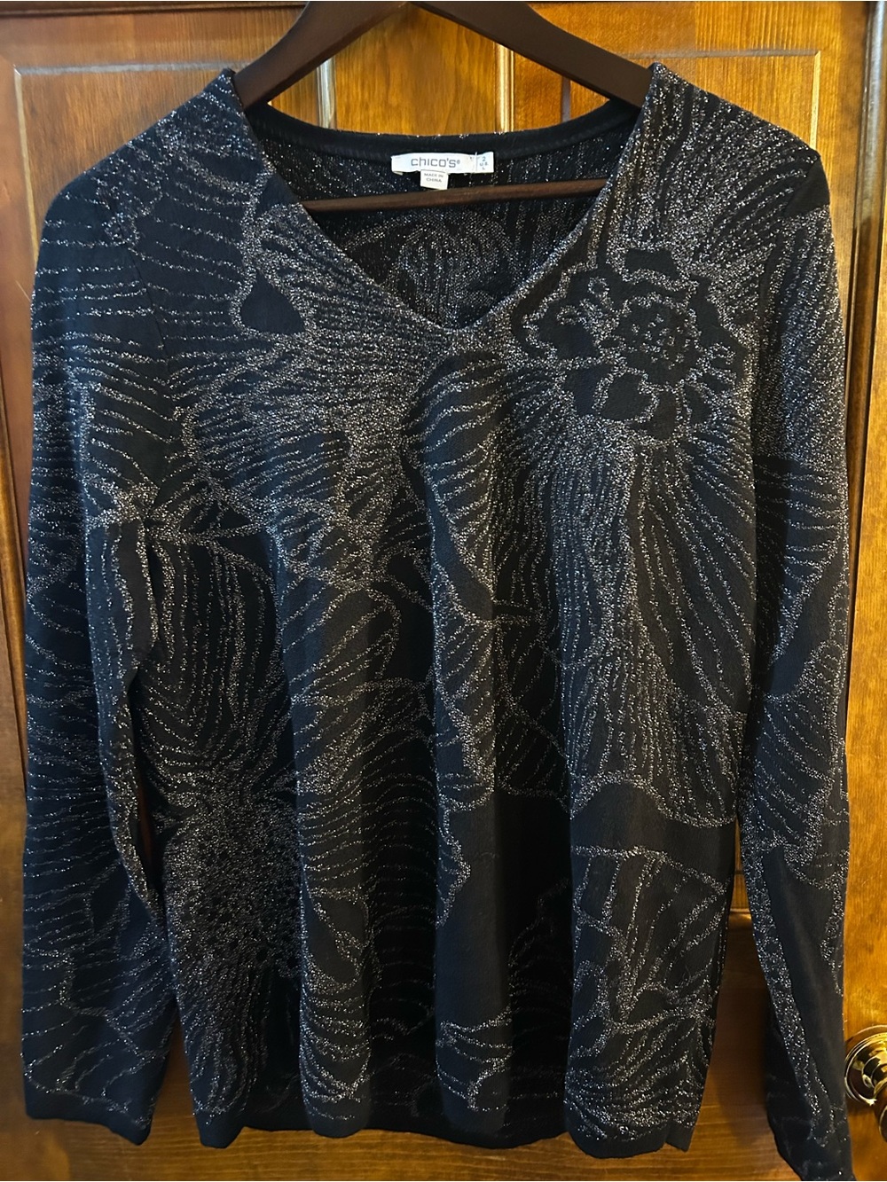Chico's Black Sweater with Silver Metallic Floral Detail